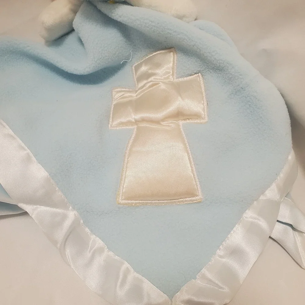 Baby Boom Lovey Security Blanket White Angel Bear Satin Like Cross Trim Religion